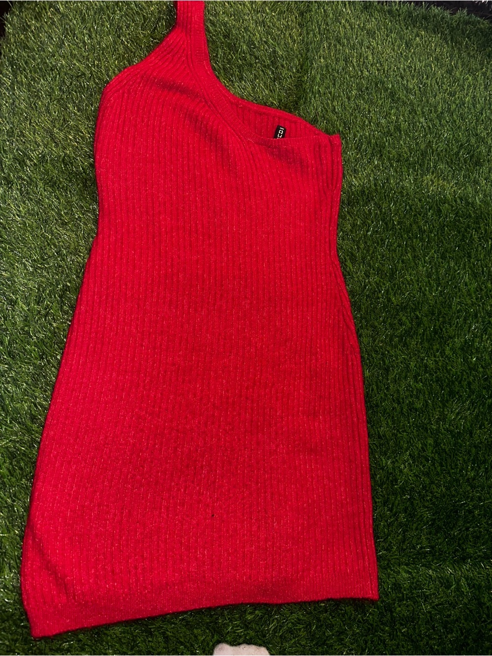 One-Shoulder Ribbed Knit Sweater Dress in Red